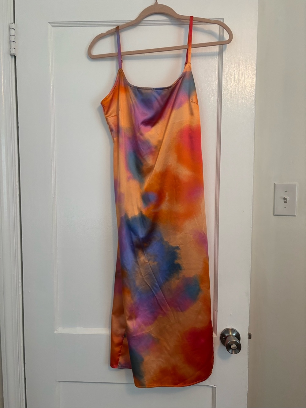 wild fable Satin Tie-Dye Midi Slip Dress - Orange, Blue, Pink